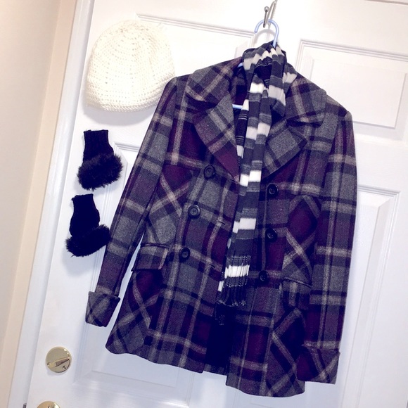 Moda International Wool Blend Purple Grey Plaid Tartan Winter Peacoat Women's XS - Picture 7 of 16